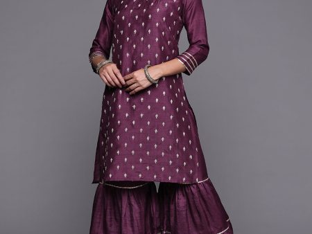 Women Wine Embroidered Straight Kurta With Sharara Set - Taantav Discount