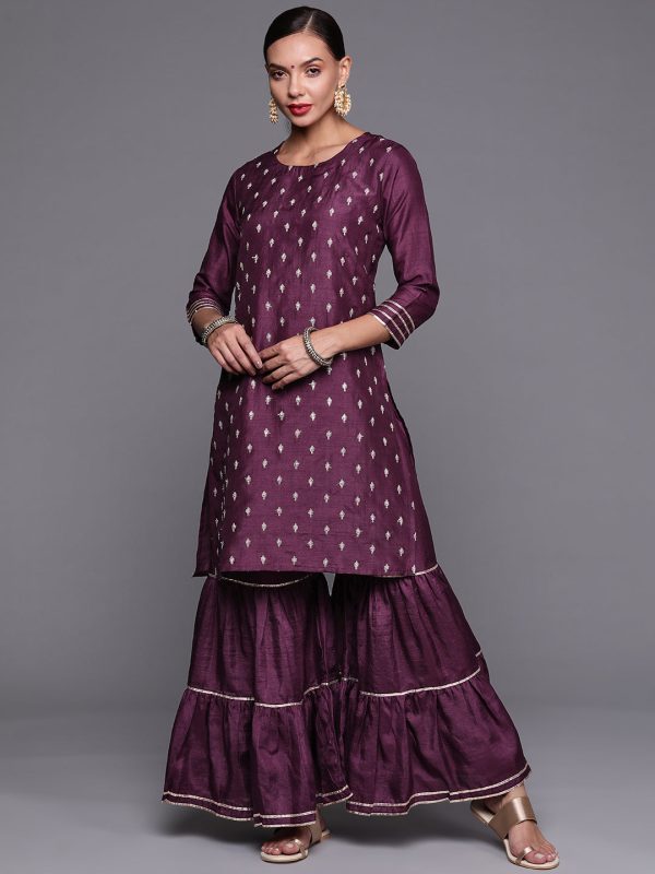 Women Wine Embroidered Straight Kurta With Sharara Set - Taantav Discount