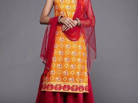 Women Orange Printed Straight Kurta Sharara With Dupatta Set - Taantav Online now