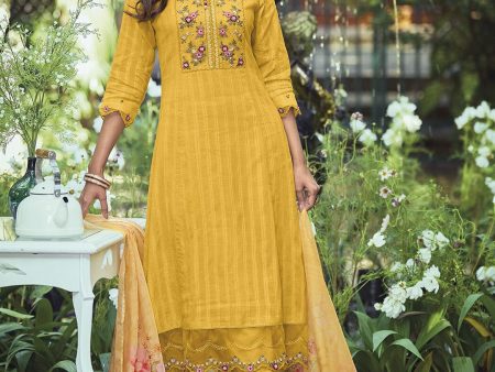 Indo Era Yellow Yoke Design Thread Work Pure Cotton Kurta With Trousers & Dupatta For Cheap