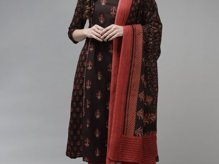 Women Black Printed A-Line Kurta Trouser With Dupatta Set - Taantav Sale