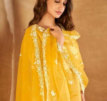 Indo Era Yellow Embroidered Straight Kurta Trousers With Dupatta set Hot on Sale