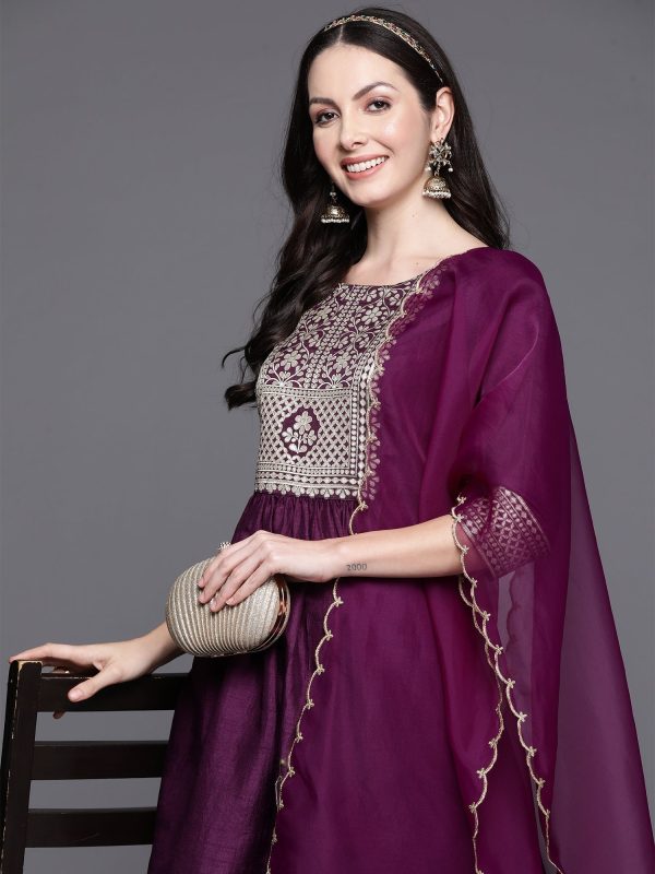 Women Purple Yoke Design A-Line Kurta Sharara With Dupatta Set - Taantav Discount