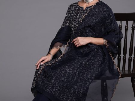 Women Navy Blue Foil Printed A-Line Kurta Trouser With Dupatta Set - Taantav Sale