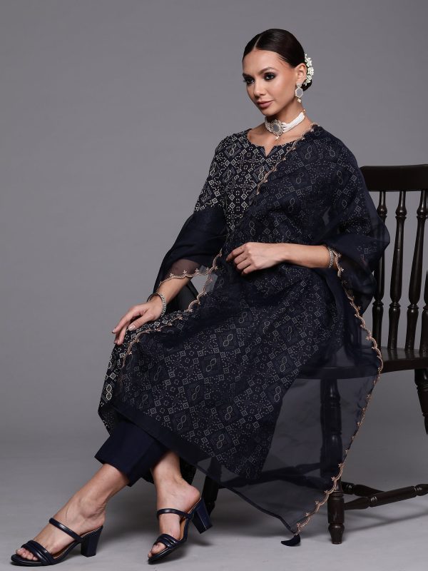 Women Navy Blue Foil Printed A-Line Kurta Trouser With Dupatta Set - Taantav Sale