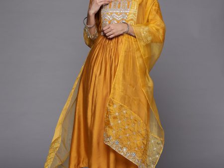 Women Mustard Embroidered Straight Kurta Trousers With Dupatta Set - Taantav Online