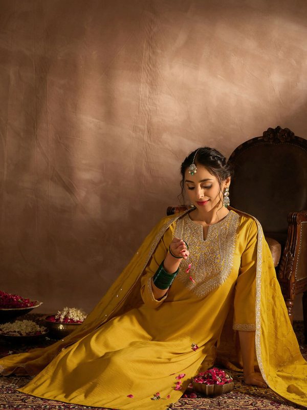 Indo Era Yellow Embroidered Straight Kurta Trousers With Dupatta set Fashion