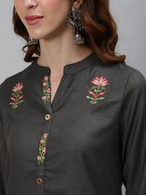 Aks Floral Embroidered Mandarin Collar Thread Work Detailed Straight Kurta with Trousers Hot on Sale