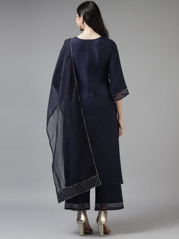 Women Navy Blue Embroidered Straight Kurta Trouser With Dupatta Set - Taantav Sale