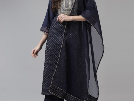 Women Navy Blue Embroidered Straight Kurta Trouser With Dupatta Set - Taantav Sale