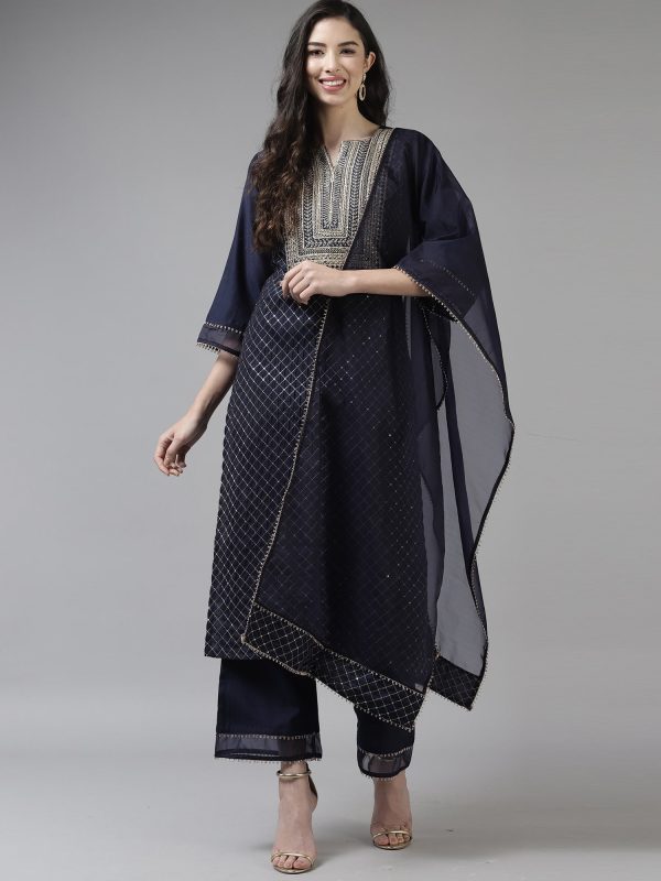 Women Navy Blue Embroidered Straight Kurta Trouser With Dupatta Set - Taantav Sale