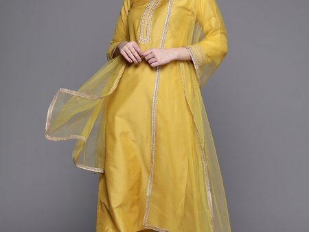 Women Yellow Embroidered Straight Kurta Trousers With Dupatta Set - Taantav Discount