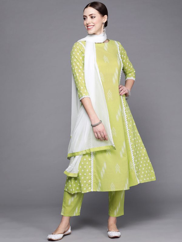 Women Sea Green Printed A-Line Kurta Trouser With Dupatta Set - Taantav on Sale