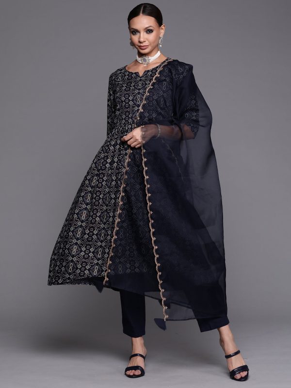 Women Navy Blue Foil Printed A-Line Kurta Trouser With Dupatta Set - Taantav Sale