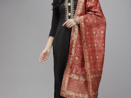 Women Black Embroidered Straight Kurta Trouser With Dupatta Set - Taantav For Discount