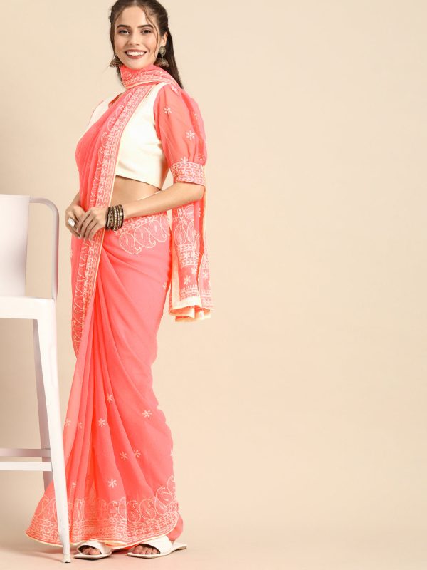 Sangria Pink Chikankari Embroidered Pure Georgette Saree Online Sale