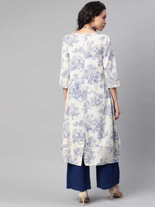 Biba Women Off-White & Blue Printed A-Line Kurta For Sale