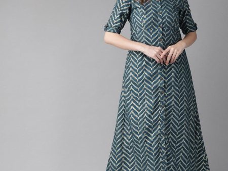 Aks Chevron Printed Band Collar A-Line Kurta on Sale