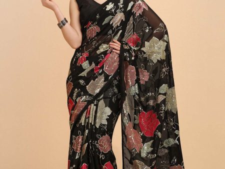 Sangria Black & Red Floral Sequinned Pure Georgette Saree Sale