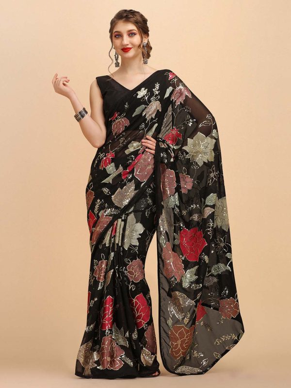 Sangria Black & Red Floral Sequinned Pure Georgette Saree Sale