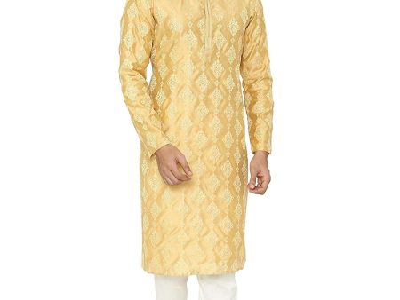 Manyavar Mustard yellow Embroidered Knee Long Full Sleeves Kurta and Churidar Set For Men Hot on Sale