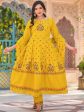 Sangria Yellow Floral Printed & Mirror Work Cotton Anarkali Kurta With Trouser & Dupatta Sale