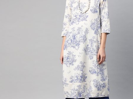 Biba Women Off-White & Blue Printed A-Line Kurta For Sale