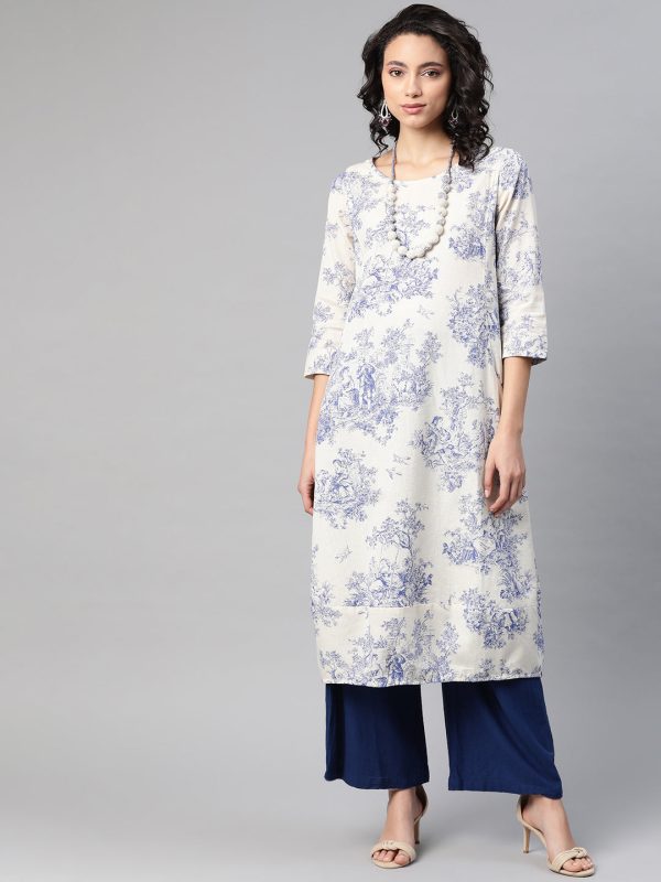 Biba Women Off-White & Blue Printed A-Line Kurta For Sale