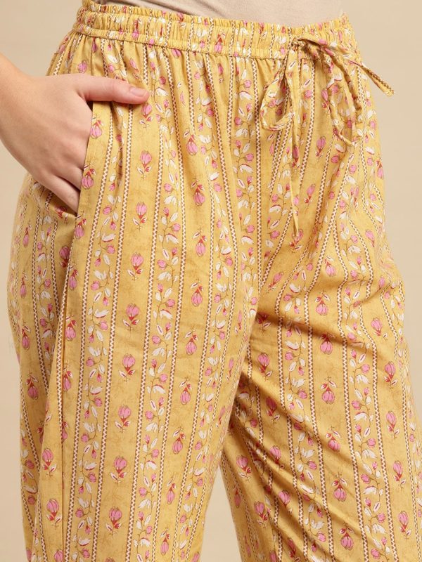 Sangria Yellow & Pink Floral Printed Pure-Cotton Straight Kurta With Trouser & Dupatta Online now