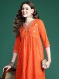 Women Orange Embroidered A-Line Kurta Trousers Set - Taantav on Sale