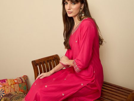 Women Pink Embroidered Straight Kurta Trousers Set - Taantav For Sale