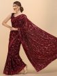 Sangria Burgundy Sequinned Pure Georgette Heavy Work Saree For Discount