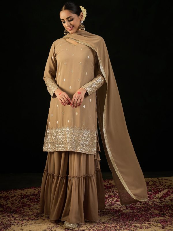 Women Beige Embroidered Straight Kurta Sharara With Dupatta Set - Taantav Online Sale