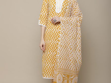 Sangria Women Yellow Printed Pure Cotton Kurti with Trousers & Dupatta Set Online now