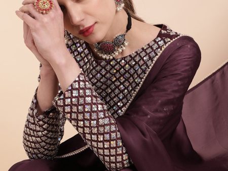 Sangria Burgundy Sequinned Satin Saree Online Hot Sale