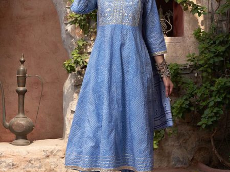 Sangria Blue Printed & Embroidered Pure Cotton A-Line Kurta With Trouser & Dupatta For Discount