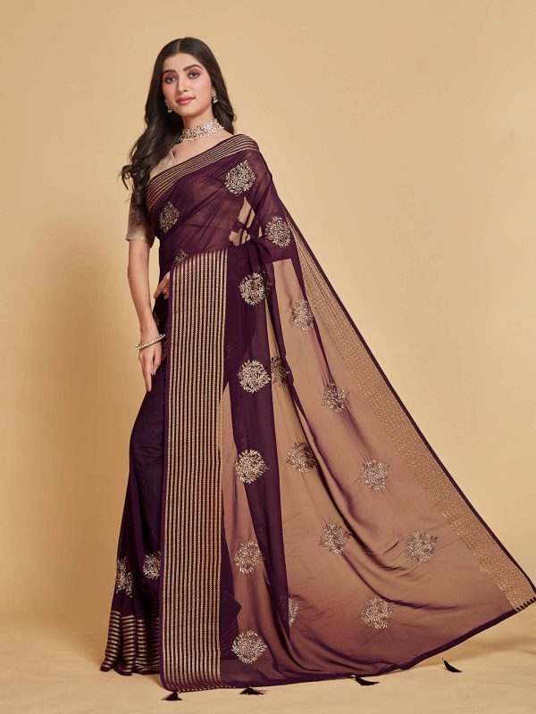 Sangria Coffee Brown Ethnic Motifs Embroidered Zari Pure Georgette Saree Hot on Sale