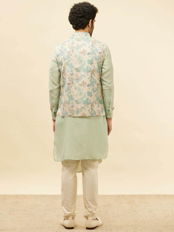 Manyavar Floral Printed Regular Kurta and Trousers With Nehru Jacket on Sale