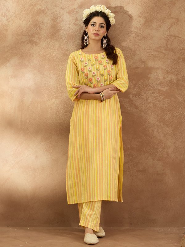 Women Mustard Embroidered Straight Kurta Trousers Set - Taantav Fashion