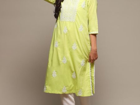 Biba Ethnic Motifs Embroidered Notched Neck Sequined Cotton Kurta Supply