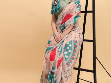 Sangria Abstract Printed Embellished Pure Linen Saree Online