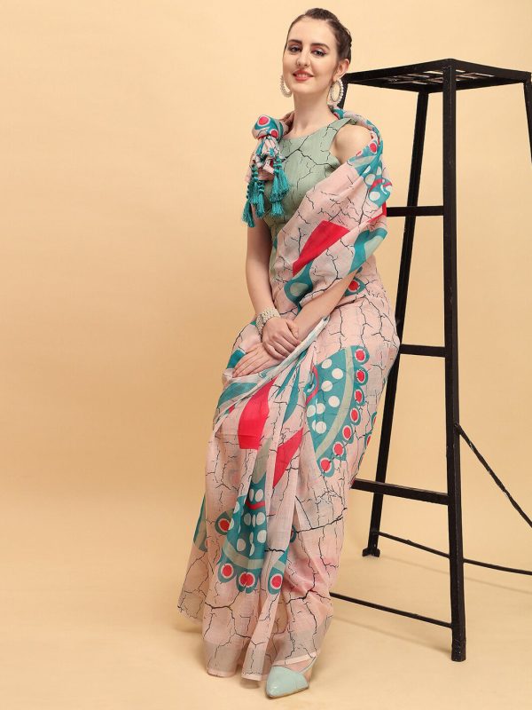 Sangria Abstract Printed Embellished Pure Linen Saree Online