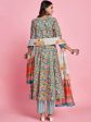 Sangria Blue Floral Printed Thread Work A-Line Kurta & Trouser With Dupatta Online