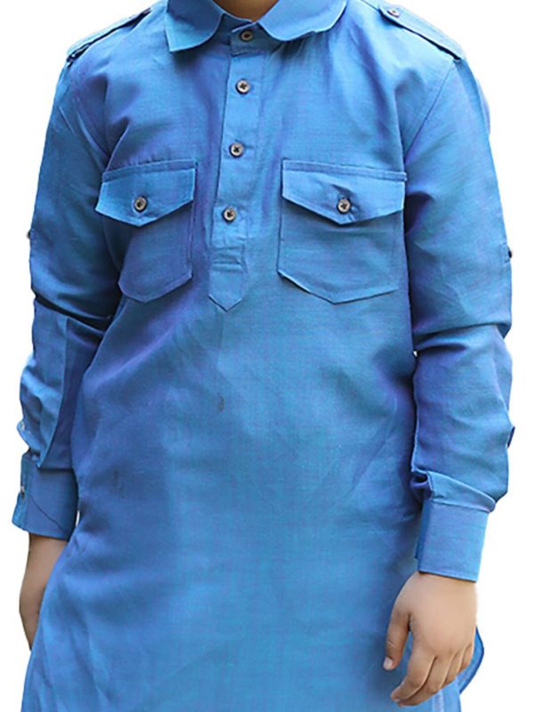 Manyavar Boys Blue Solid Cotton Blend Kurta Set on Sale