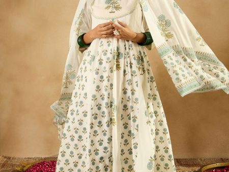 Women White Printed A-Line Kurta Trousers With Dupatta Set - Taantav on Sale