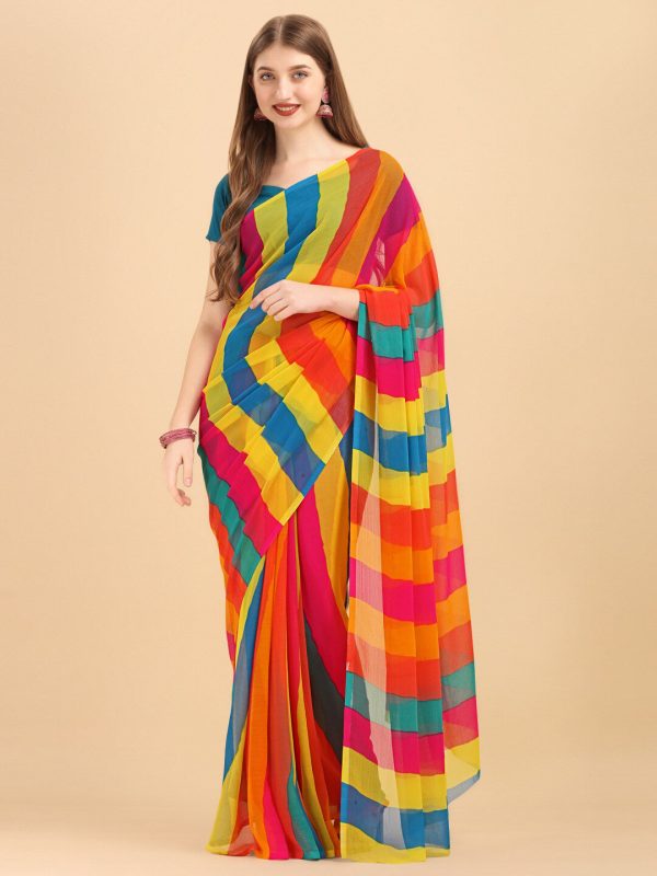 Sangria Yellow & Turquoise Blue Colourblocked Pure Chiffon Saree Online Hot Sale