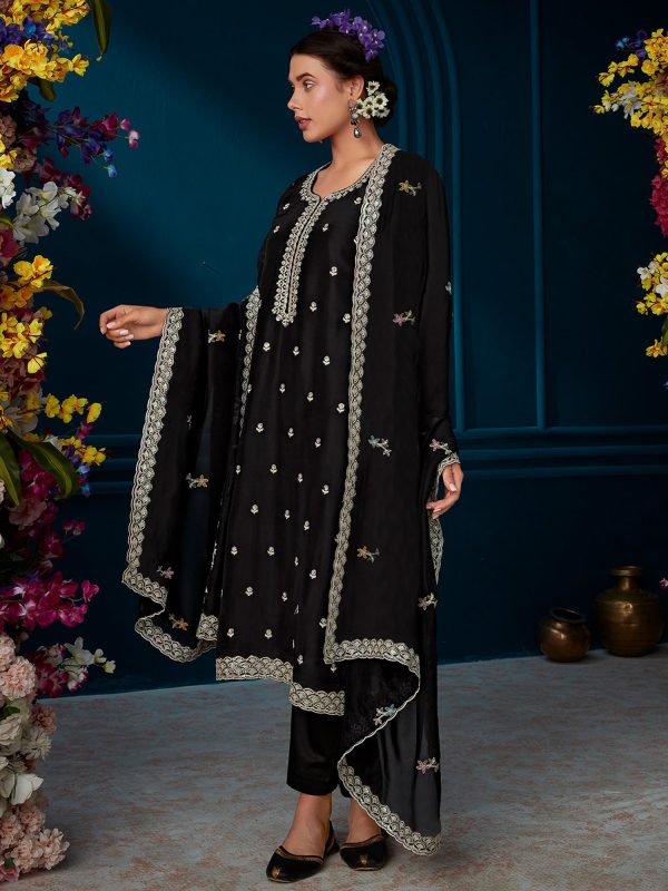 Women Black Straight Embroidered Kurta Trousers With Dupatta Set - Taantav Online Sale