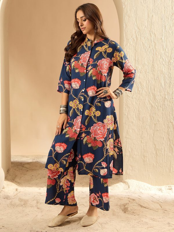 Women Blue Printed Straight Kurta Palazzos Set - Taantav For Discount