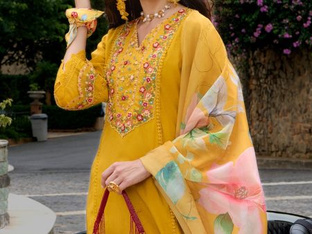 Women Mustard Embroidered A-Line Kurta Trousers With Dupatta Set - Taantav Fashion