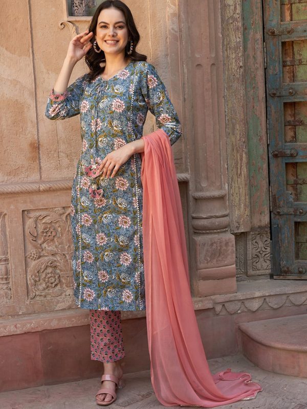 Sangria Blue Floral Printed Gotta Patti Pure Cotton Kurta with Trousers & Dupatta Sale